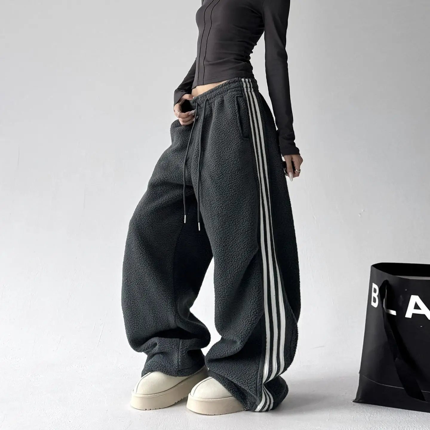 High Waist Wide Leg Fur Sweatpants