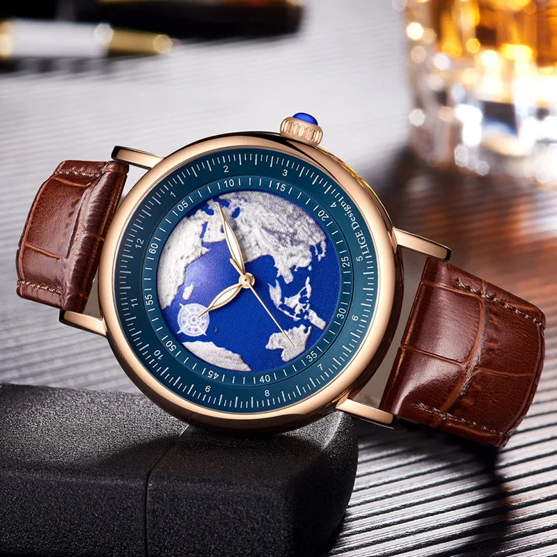 LIGE Mens Watches Fashion Blue Planet Creative Earth Quartz Wristwatch Leather Sport Watch for Men Clock Relogio Masculino+Box