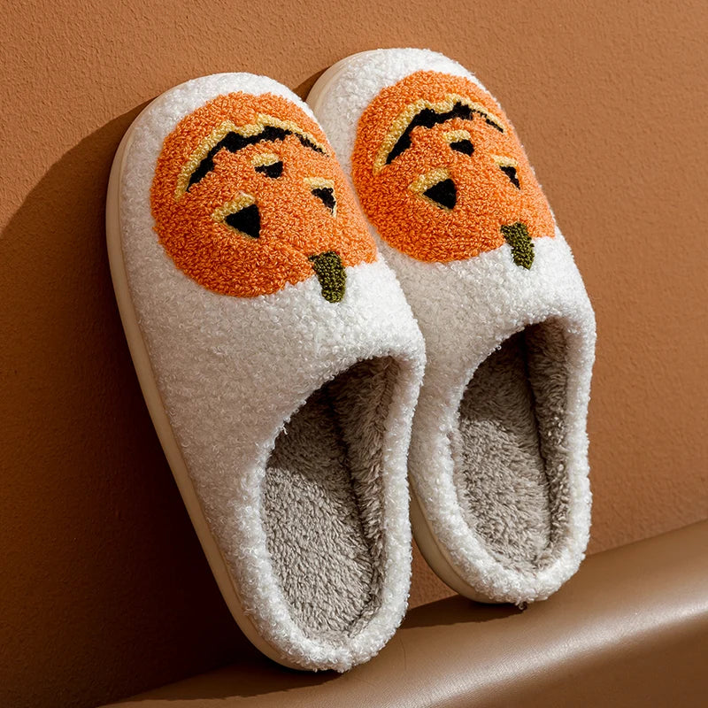 Women's Slippers Winter Halloween Funny Smile Pumpkin Indoor Cute Cartoon Slipper Bedroom Anti-slip Soft Causal Plush Shoes Gift