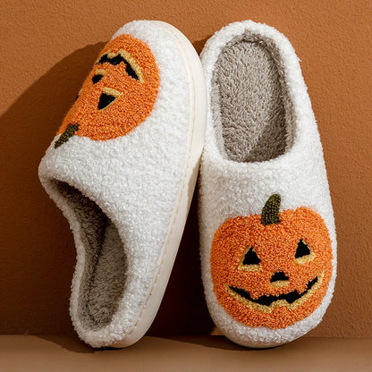 Women's Slippers Winter Halloween Funny Smile Pumpkin Indoor Cute Cartoon Slipper Bedroom Anti-slip Soft Causal Plush Shoes Gift