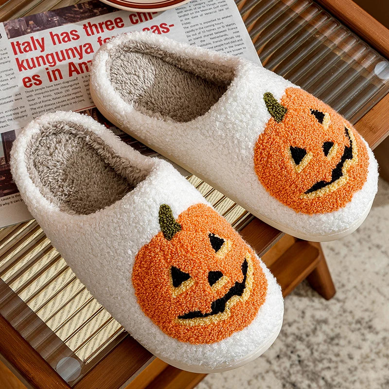 Women's Slippers Winter Halloween Funny Smile Pumpkin Indoor Cute Cartoon Slipper Bedroom Anti-slip Soft Causal Plush Shoes Gift