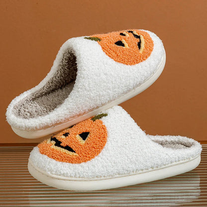 Women's Slippers Winter Halloween Funny Smile Pumpkin Indoor Cute Cartoon Slipper Bedroom Anti-slip Soft Causal Plush Shoes Gift